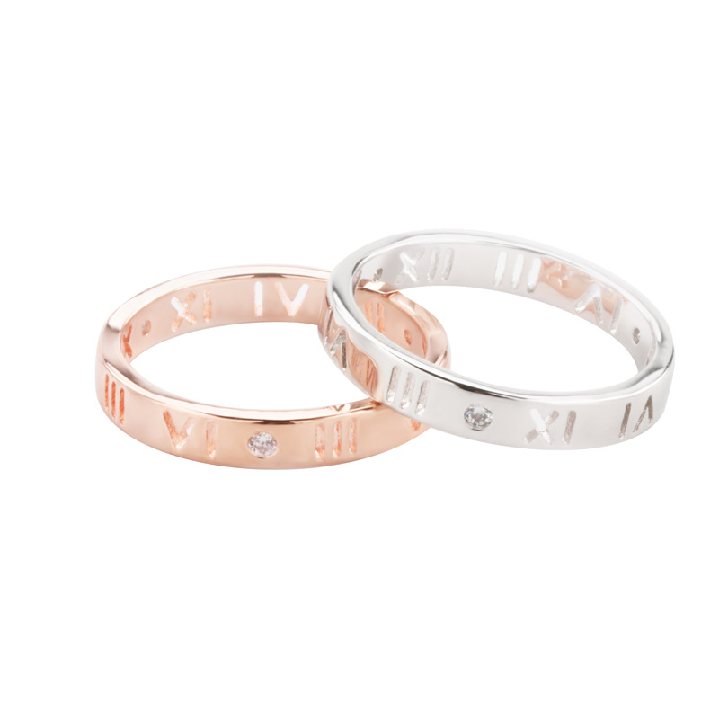 JZ031 Plated 18K Rose Gold Roman Numeral Diamond Couple Ring for Men and Women Pinky Ring Accessory