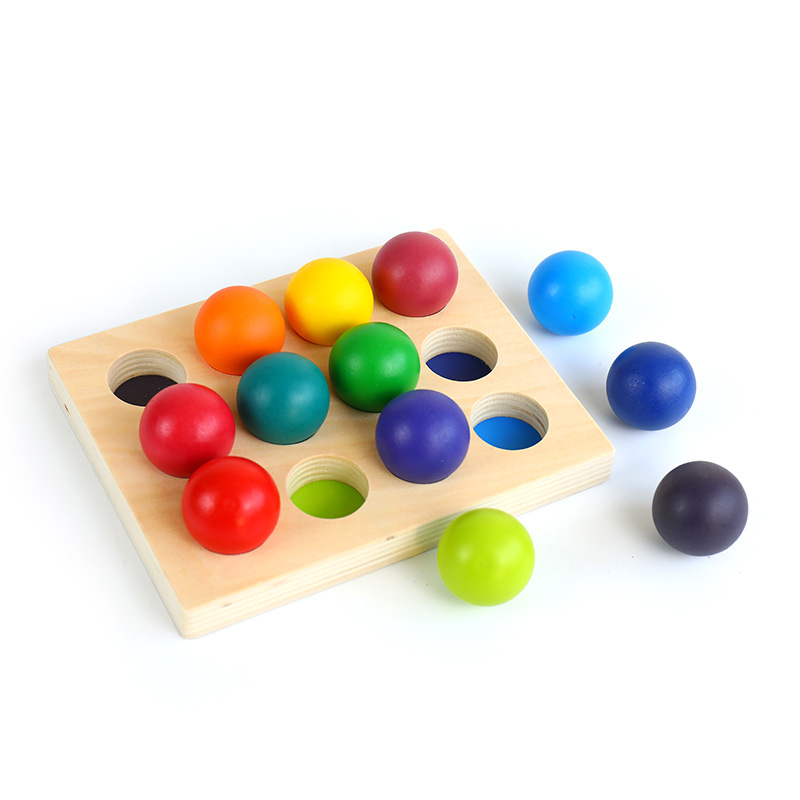 Wooden Rainbow Ball Matching Ball 12-color Sorting Board Color Cognition Matching Toy for Boys and Girls Early Education Enlightenment