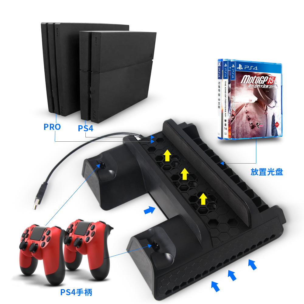 PS4 Slim Pro Game Console Cooling Fan Base Wireless Controller Dual Charger Game Disc Holder TP4-882
