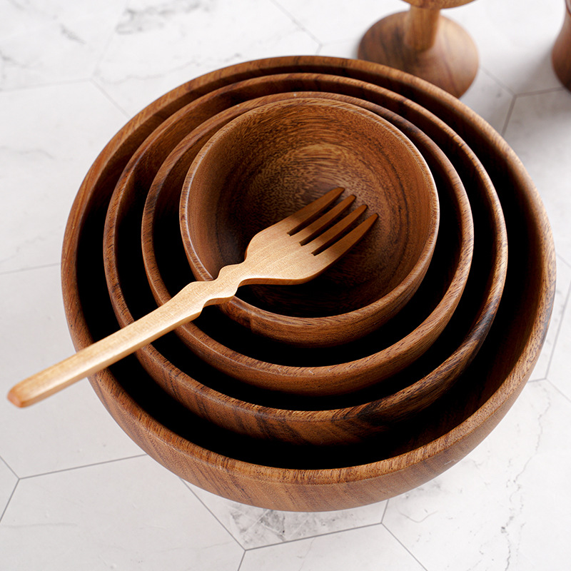 Japanese Teak Tableware Round Bowl Solid Wood Bowl Hotel Exclusive Noodle Bowl Salad Bowl Rice Noodle Bowl