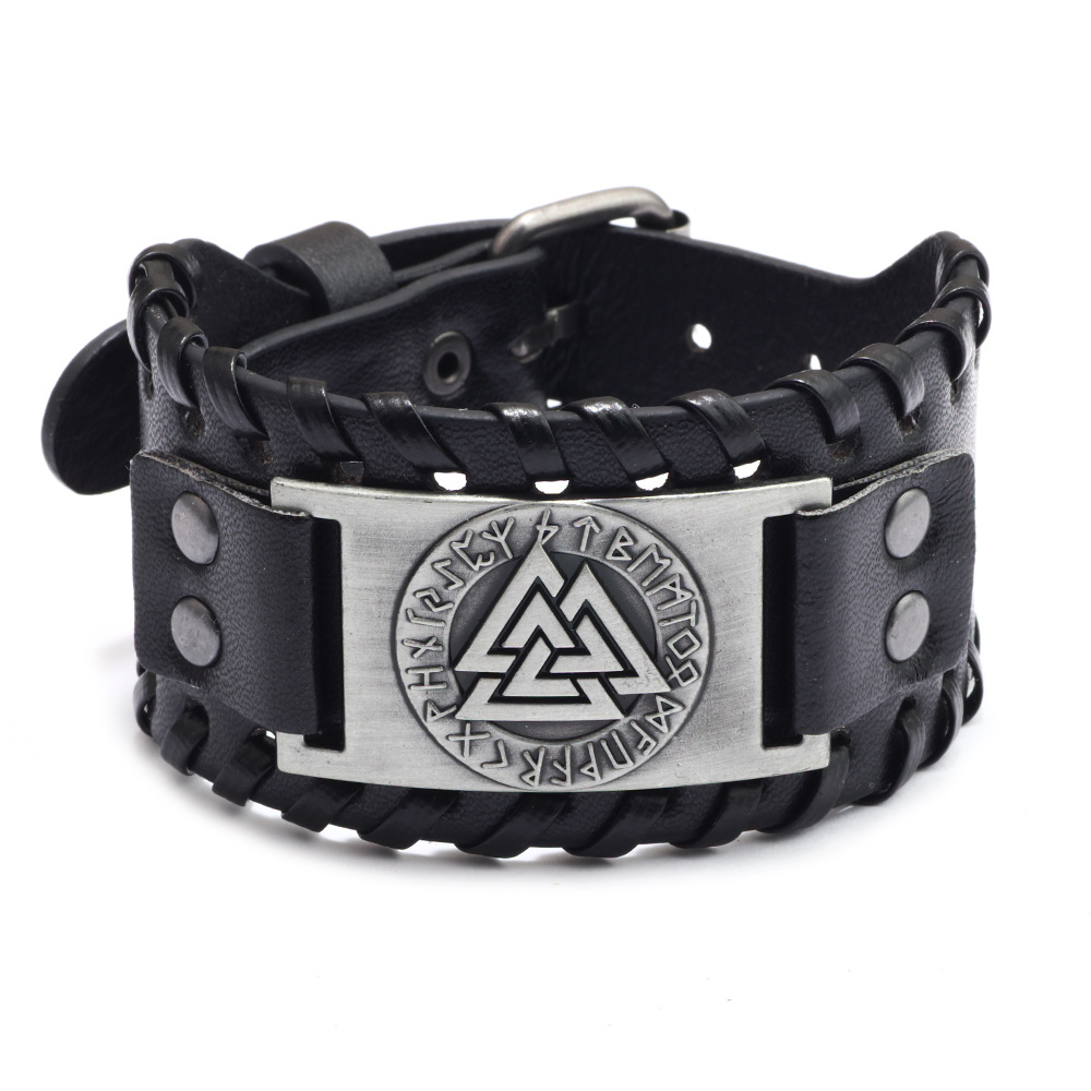 Men's Alloy Wolf Head Accessories Wide Leather Bracelet New Woven Bracelet Cowhide Bracelet