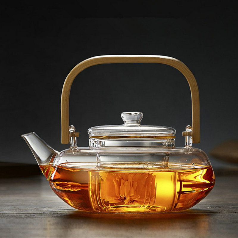 Heat-resistant glass bamboo handle filter teapot, high temperature resistant for electric ceramic stove, kettle with handle for boiling tea