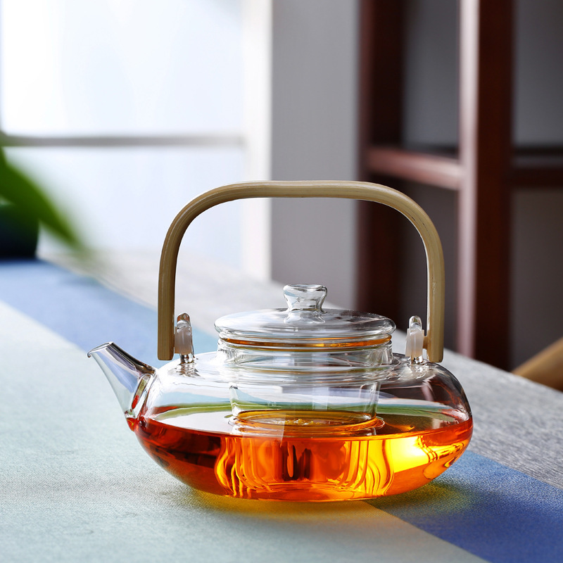 Heat-resistant glass bamboo handle filter teapot, high temperature resistant for electric ceramic stove, kettle with handle for boiling tea