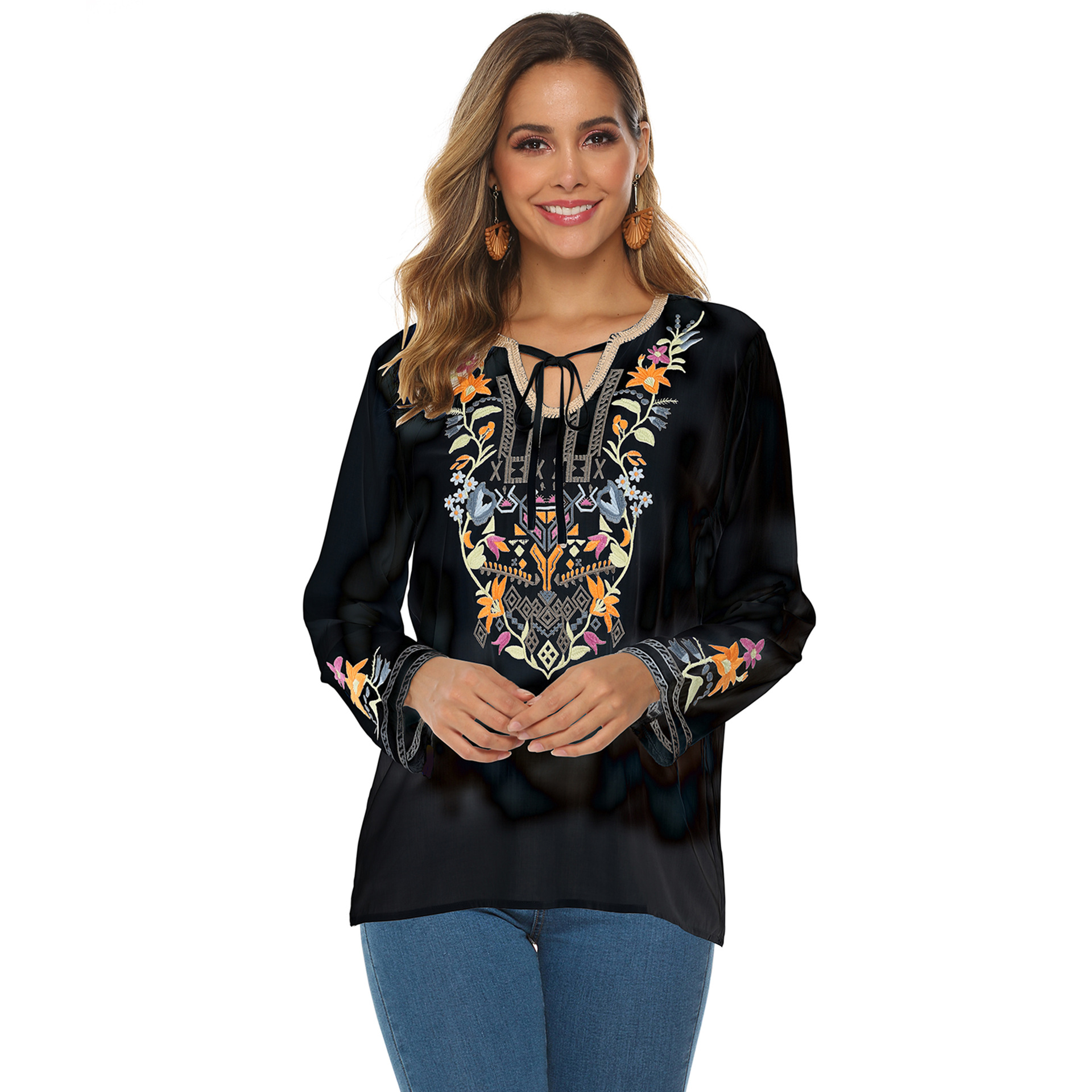 Women's 2023 new embroidered top long sleeve shirt independent station one