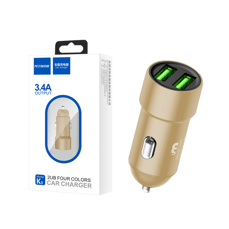Baitong K5 Car Phone Charger 3.4A Fast Charging Dual Port USB Car Power Converter Metal Car Charger Head