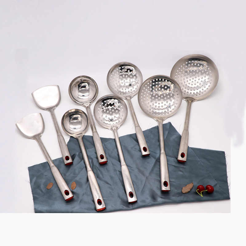 Thickened non-magnetic stainless steel pot shovel, spoon, slotted spoon, kitchen square handle spatula, cooking spoon, 9.9 yuan store display