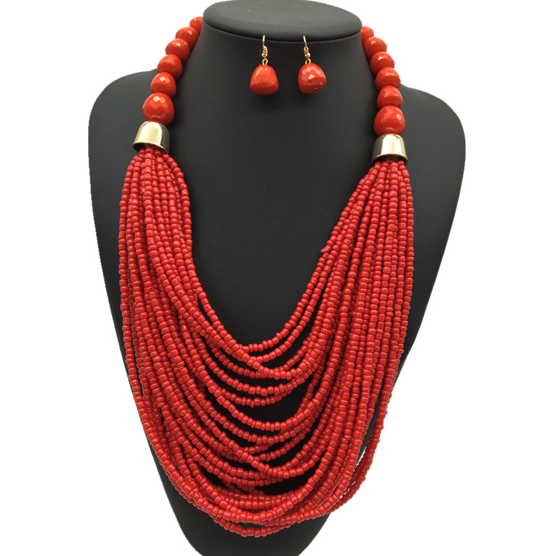 Bohemian multi-layer rice bead necklace ethnic style sweater chain exaggerated necklace set necklace