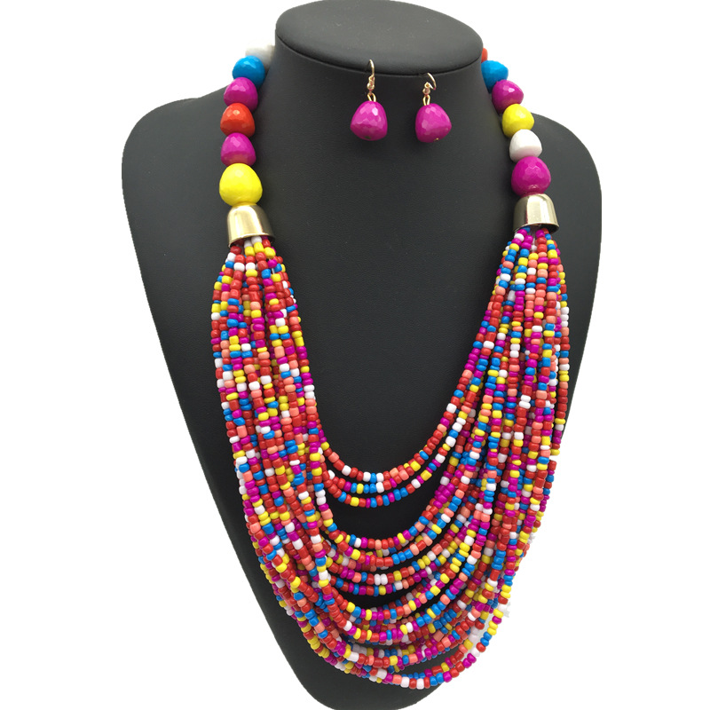 Bohemian multi-layer rice bead necklace ethnic style sweater chain exaggerated necklace set necklace
