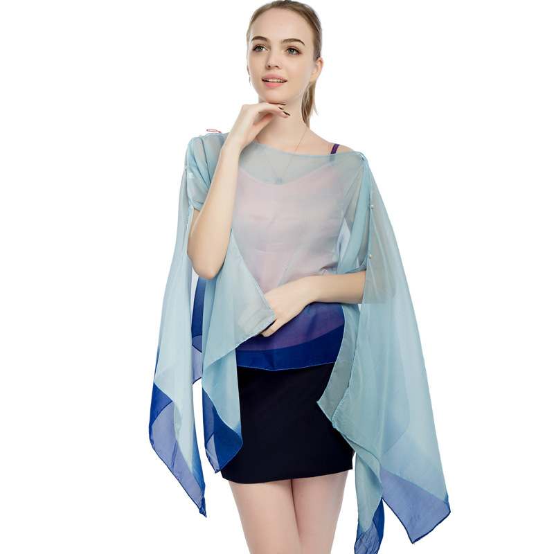 New Chiffon Pearl Button Women Pullover Cape Print Color Stripe Summer Sun Protection Shawl
