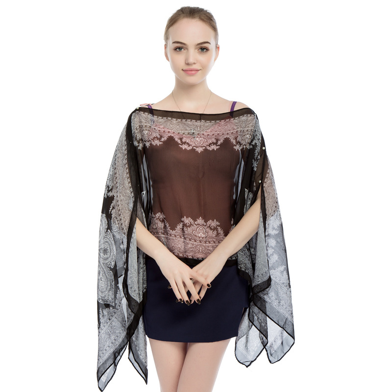 Sanya Beach Cape Shawl Sun Protection Clothing Women Summer Thin Off-Shoulder Chiffon Shirt Print Outerwear Shawl