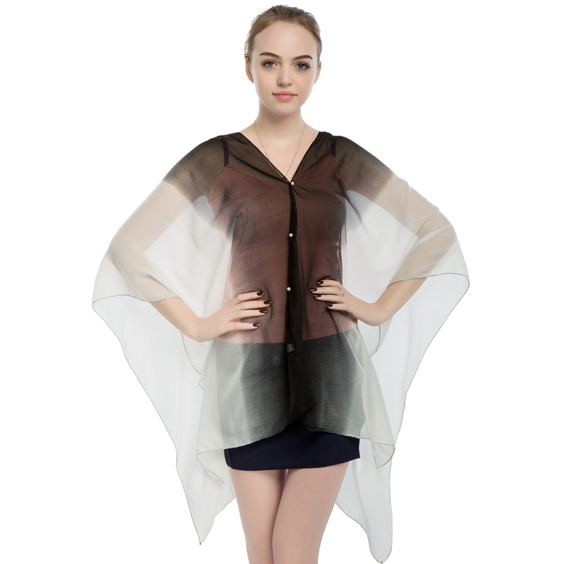 New Chiffon Pearl Button Women Pullover Cape Print Color Stripe Summer Sun Protection Shawl