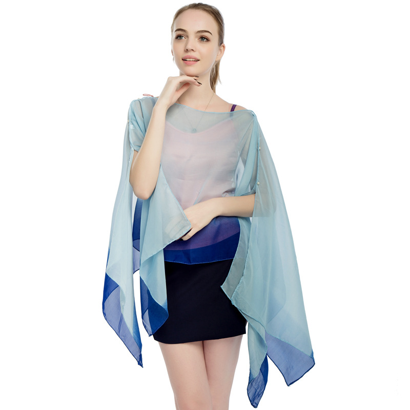 New Chiffon Pearl Button Women Pullover Cape Print Color Stripe Summer Sun Protection Shawl