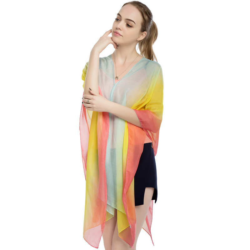New Chiffon Pearl Button Women Pullover Cape Print Color Stripe Summer Sun Protection Shawl
