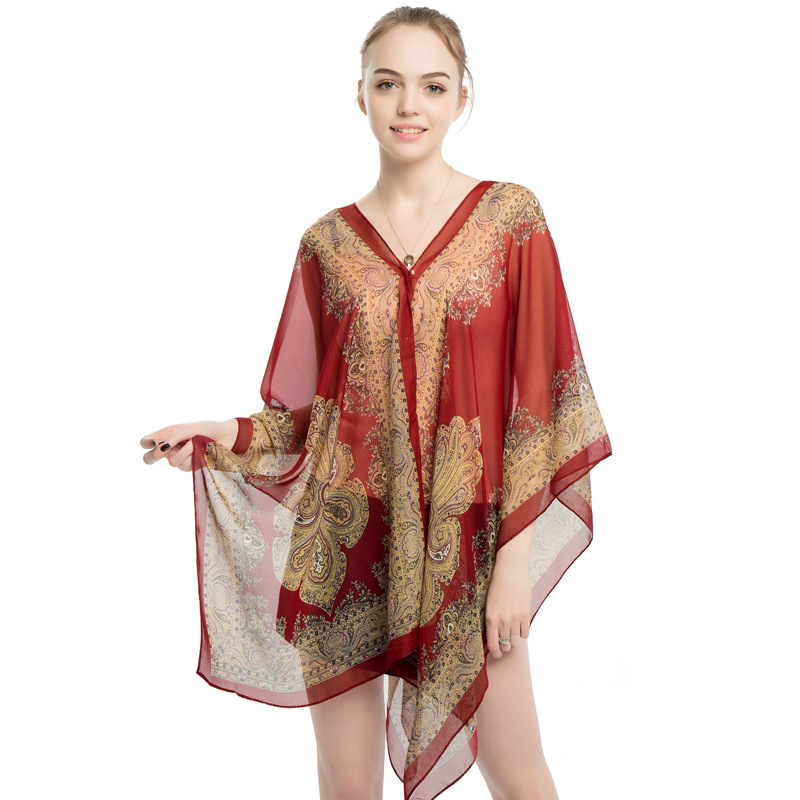 Sanya Beach Cape Shawl Sun Protection Clothing Women Summer Thin Off-Shoulder Chiffon Shirt Print Outerwear Shawl