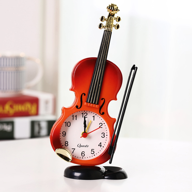 Simulated Violin Alarm Clock Musical Instrument Shape Desktop Clock Living Room Ornament Desk Clock