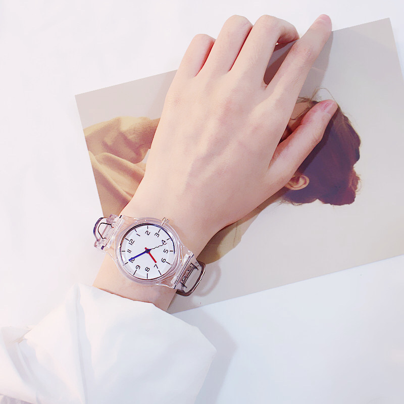 Simple transparent watch pink text element fresh and clean casual student wristwatch