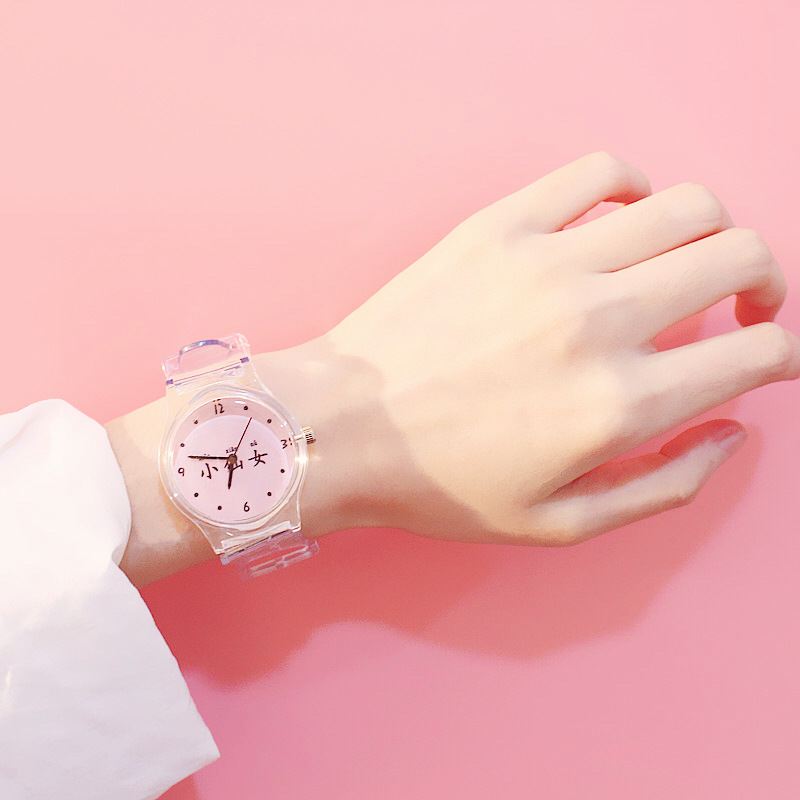Simple transparent watch pink text element fresh and clean casual student wristwatch