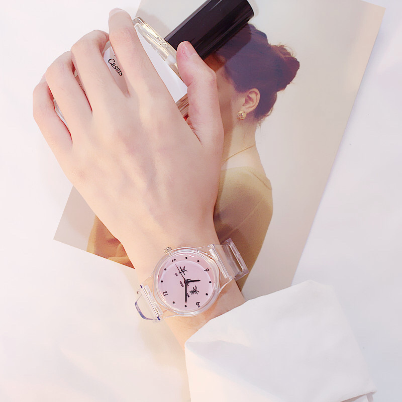 Simple transparent watch pink text element fresh and clean casual student wristwatch