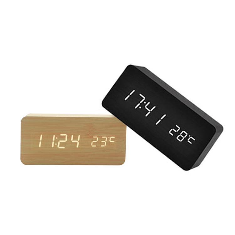 Gift Student Night Light Alarm Clock Voice Control LED Electronic Wooden Clock Silent Multifunctional Digital Clock