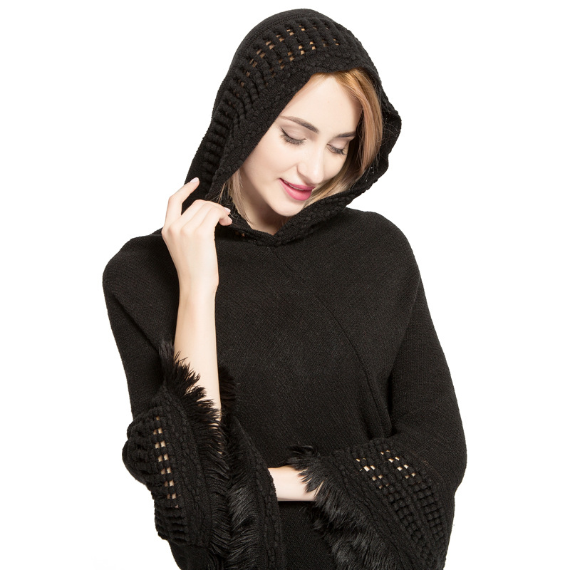Autumn Winter Hooded Women Fringe Plus Size Knit Top New Imitation Cashmere Cape Shawl