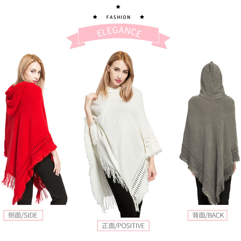 Autumn Winter Hooded Women Fringe Plus Size Knit Top New Imitation Cashmere Cape Shawl