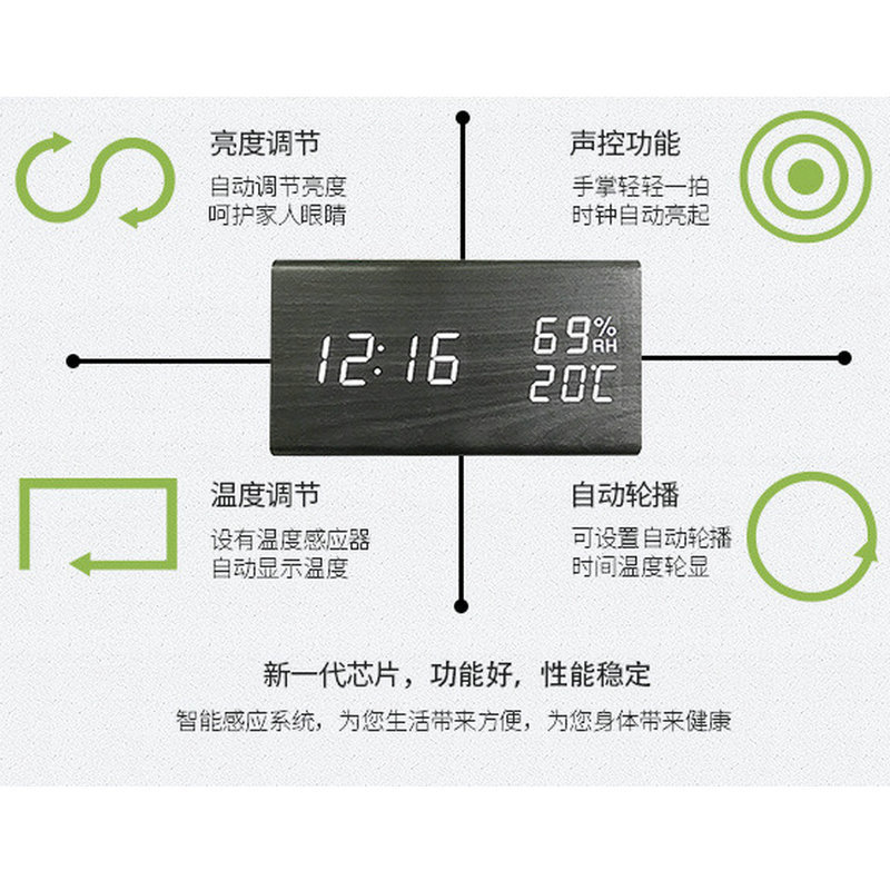 PVC Wooden Digital Alarm Clock Perpetual Calendar Temperature and Humidity Clock LED Triangular Electronic Clock Voice Control LED Wooden Clock