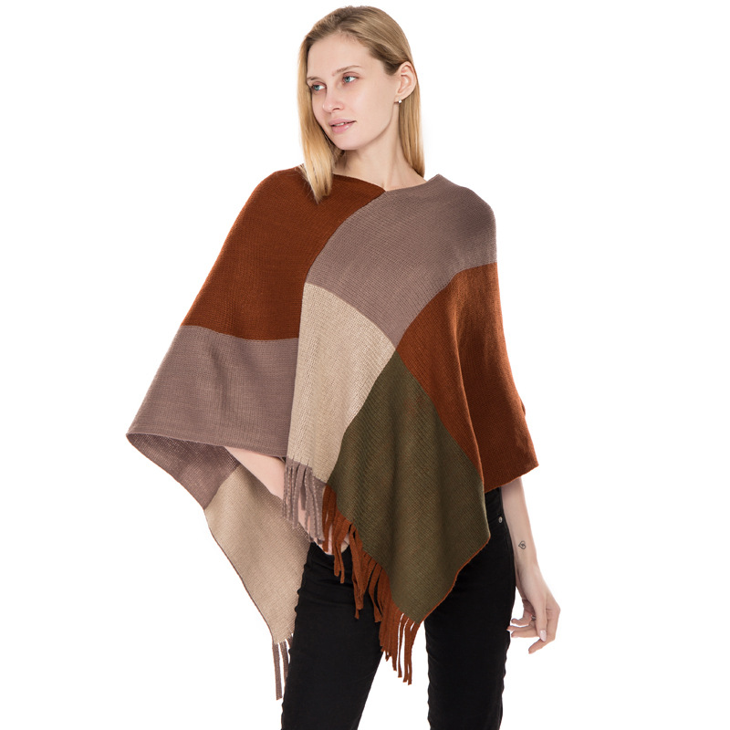 Large Plaid Color Block Knit Warm Shawl Autumn Winter New Imitation Cashmere Fringe Pullover Cape