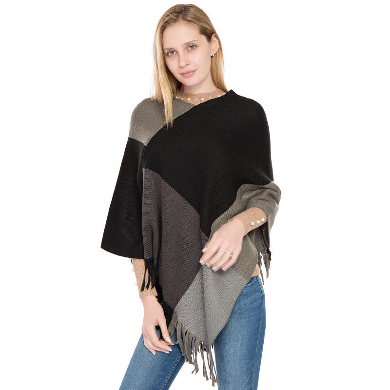 Large Plaid Color Block Knit Warm Shawl Autumn Winter New Imitation Cashmere Fringe Pullover Cape