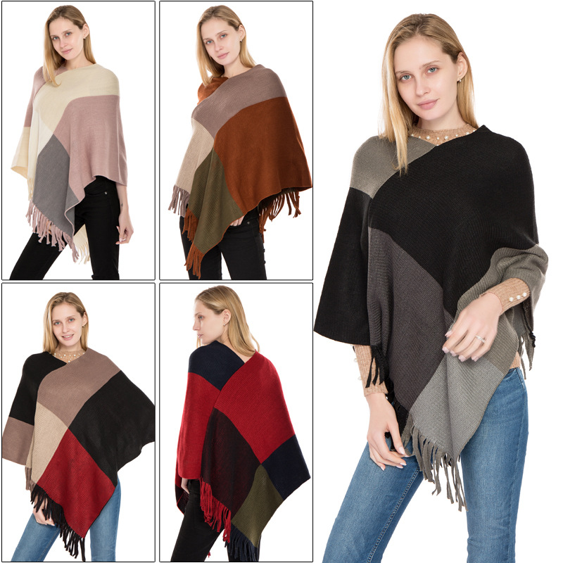 Large Plaid Color Block Knit Warm Shawl Autumn Winter New Imitation Cashmere Fringe Pullover Cape