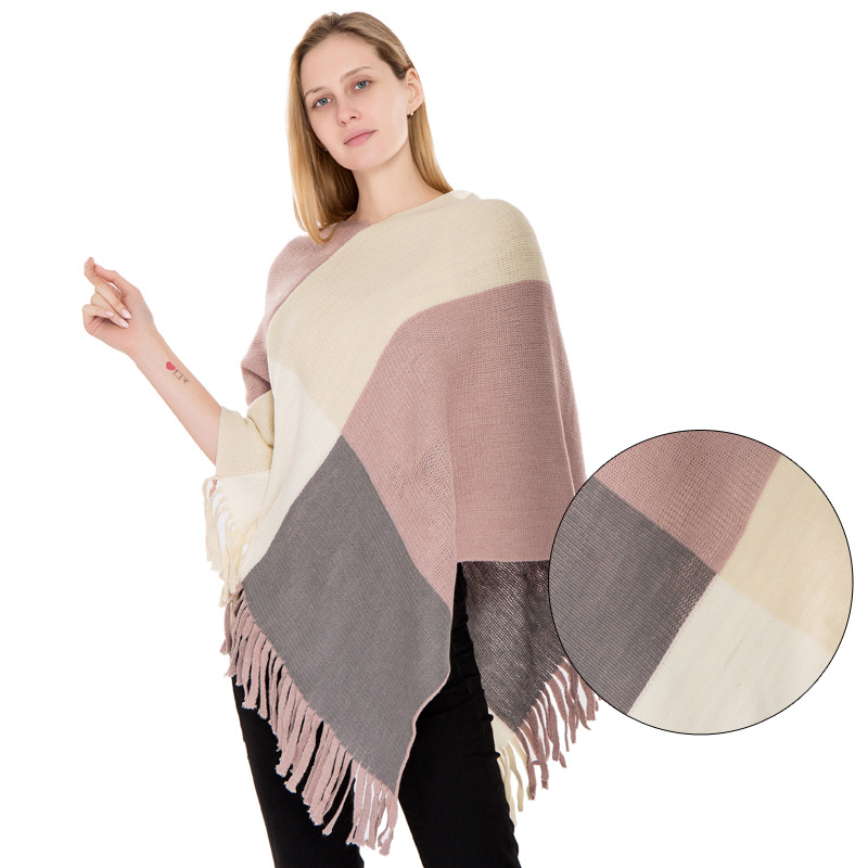 Large Plaid Color Block Knit Warm Shawl Autumn Winter New Imitation Cashmere Fringe Pullover Cape