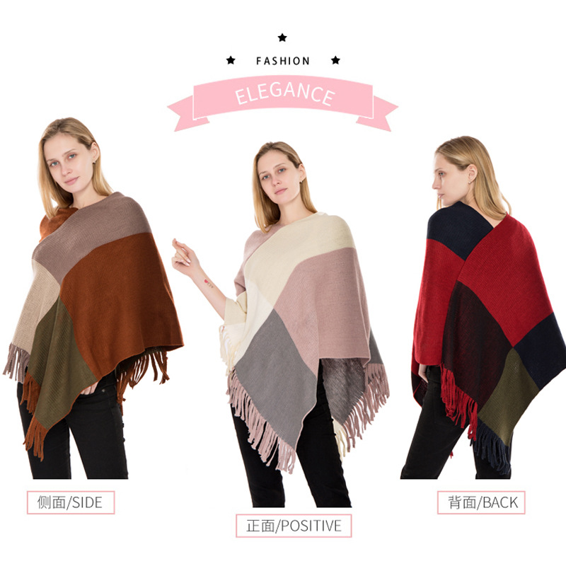 Large Plaid Color Block Knit Warm Shawl Autumn Winter New Imitation Cashmere Fringe Pullover Cape
