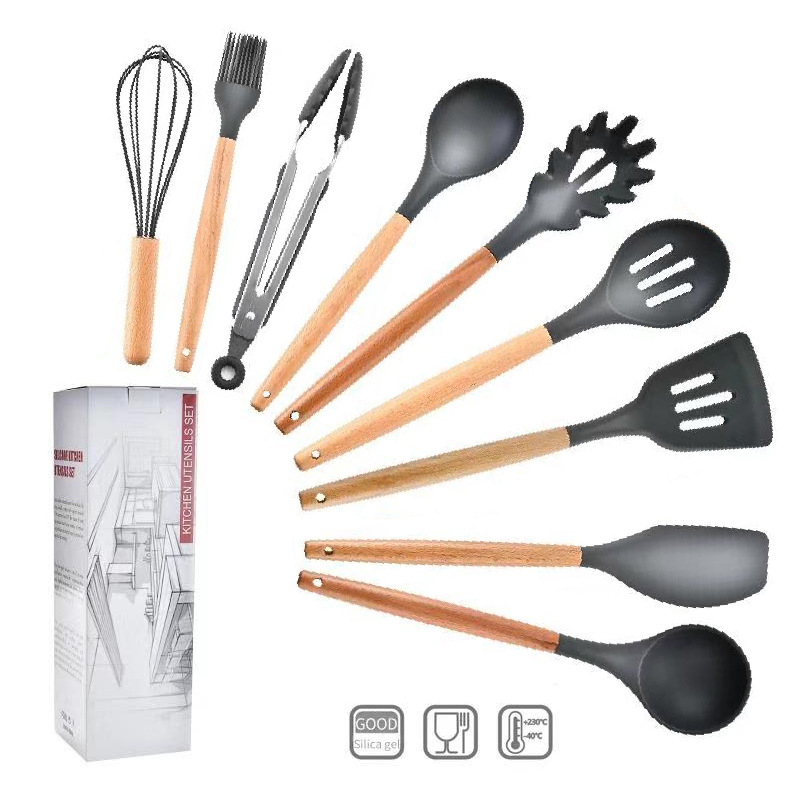 Wood Handle Silicone Kitchenware 11-Piece Set Nine-Piece Kitchen Tool Spatula Spoon Set