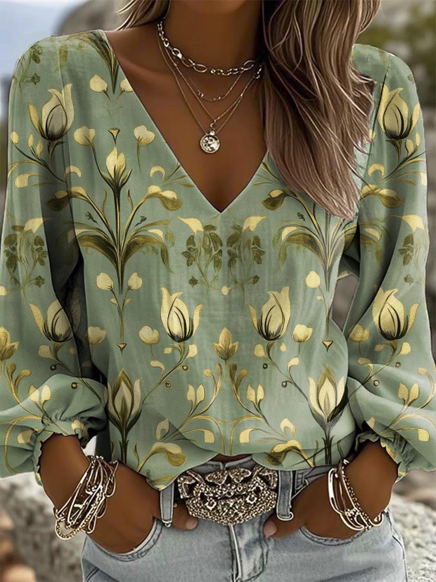 2026 Summer New Floral Festival Print V-Neck Long Sleeve T-Shirt Women's Top