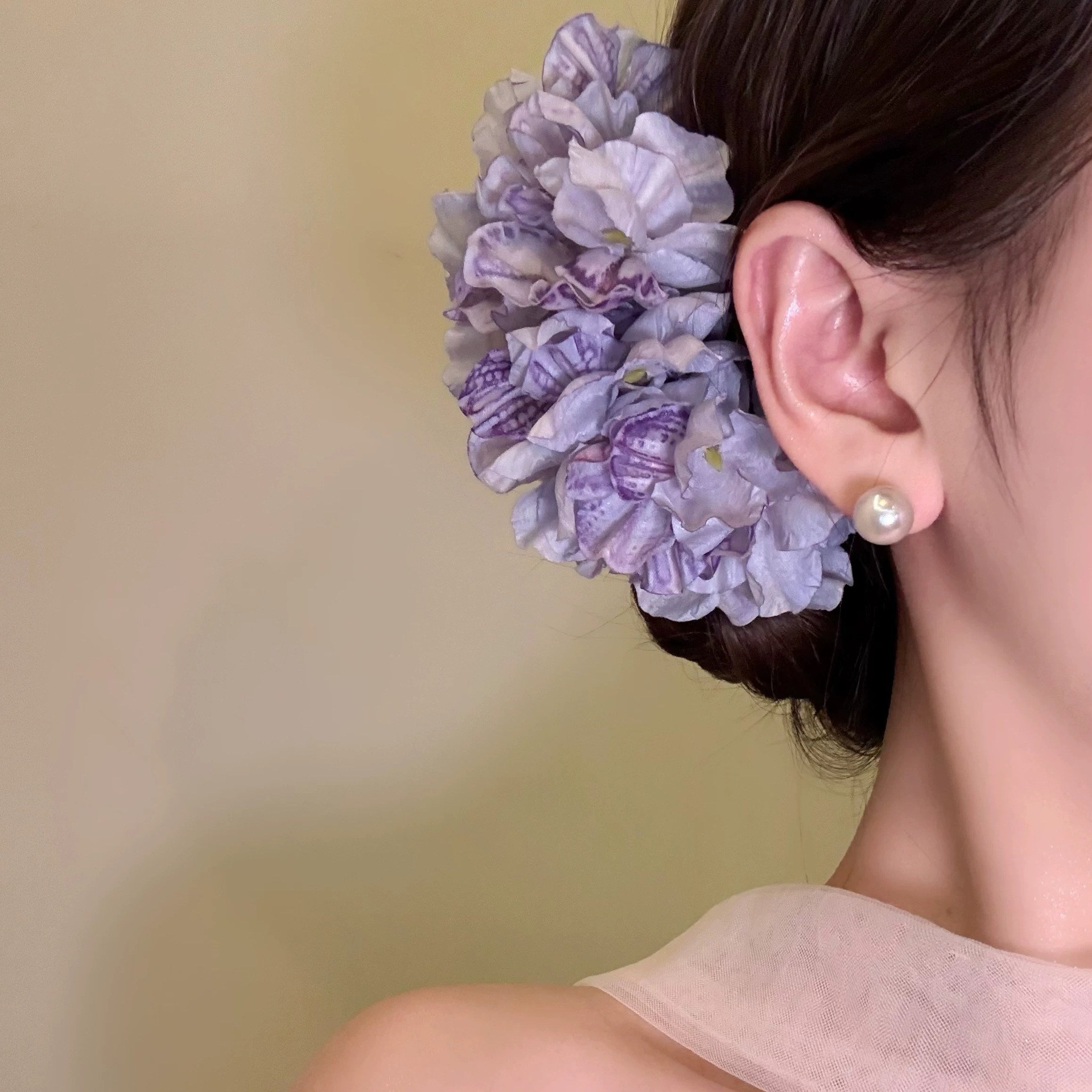 18#雾紫绣球花多层立体绢花U型发簪