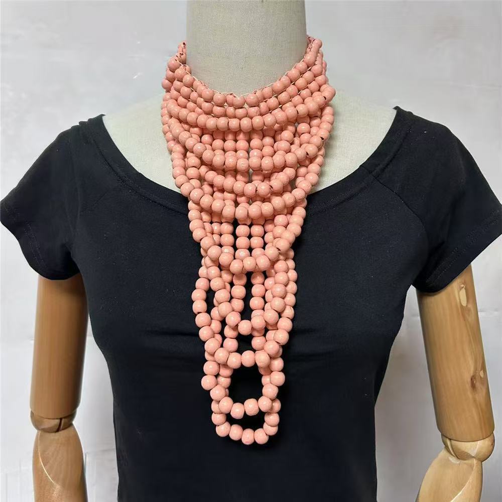 Ethnic style multi-layer colored wooden pieces bead necklace and earring set party accessories necklace