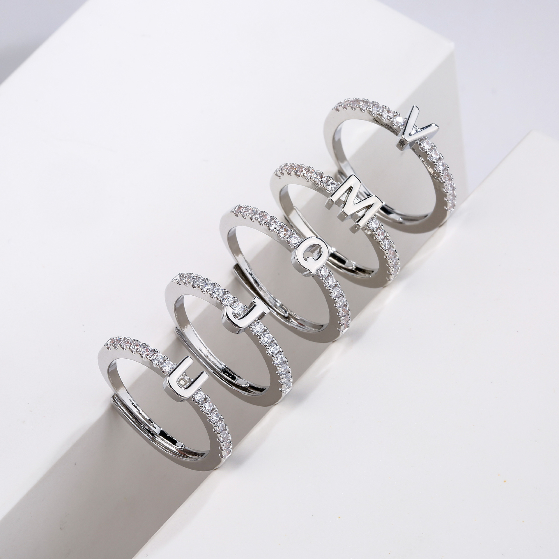 HECHENG Jewelry New Micro-Set Letter Ring 26 English Letters Zircon Ring Open Adjustable