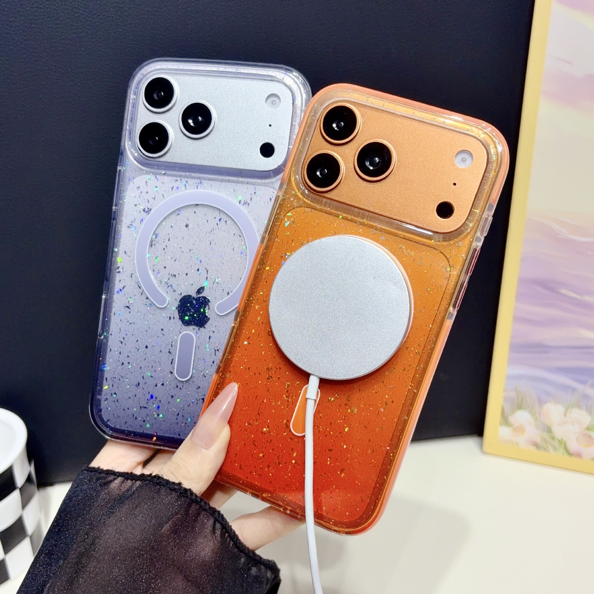 For iPhone 17 Pro Max Gradient Glitter Phone Case Apple 17 Bumper Frame Border Magnetic Epoxy Case Factory