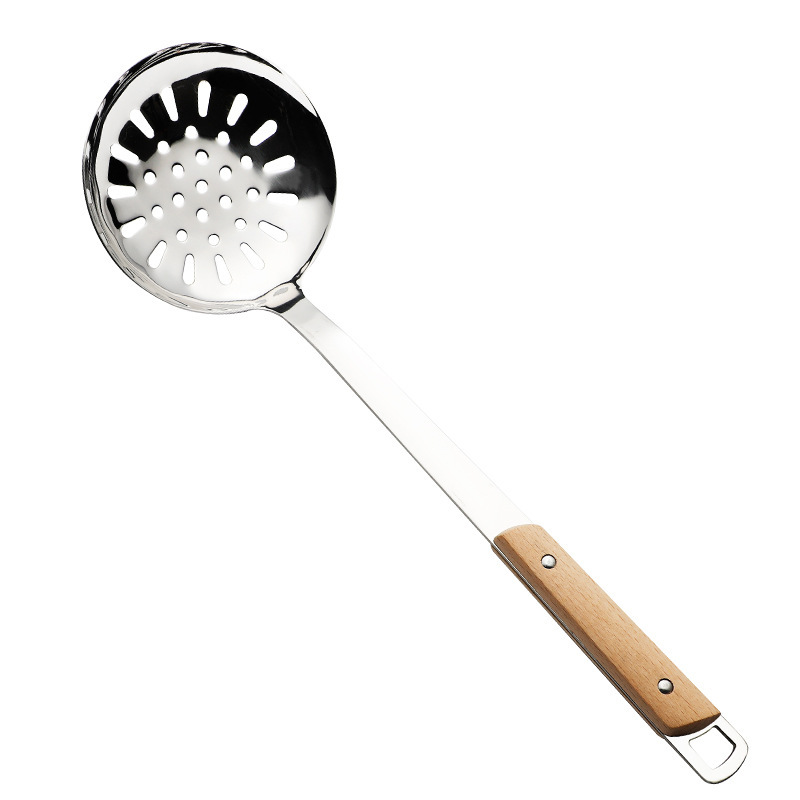 201 non-magnetic stainless steel spatula, soup spoon kitchen set, kitchen cooking household solid wood handle frying spatula, slotted spoon logo