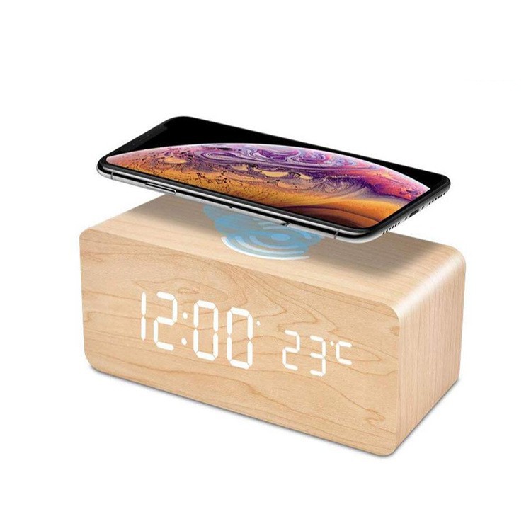 Temperature Wireless Charging Wooden Clock Digital Clock Electronic Alarm Clock LED Wireless Charging Wood Clock