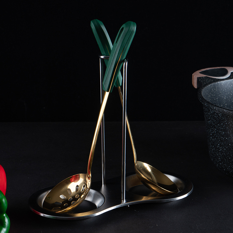 New 304 stainless steel soup spoon, soup slotted spoon, long-handled hot pot spoon, dark green gold-plated soup ladle kitchen set