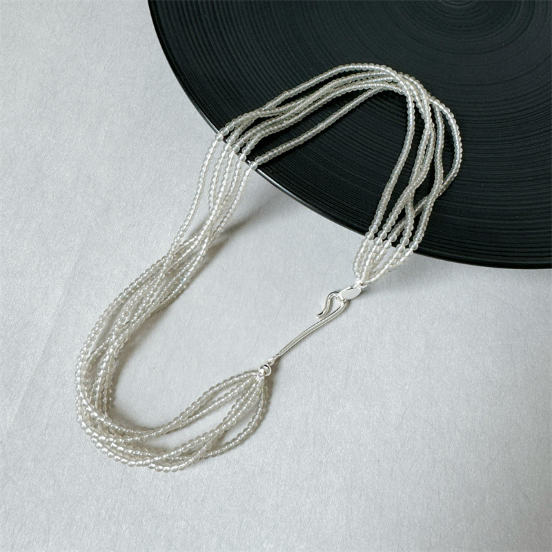 New Chinese style natural gray agate, green aventurine, labradorite multi-layer mini beaded silver-plated clasp necklace, collarbone chain