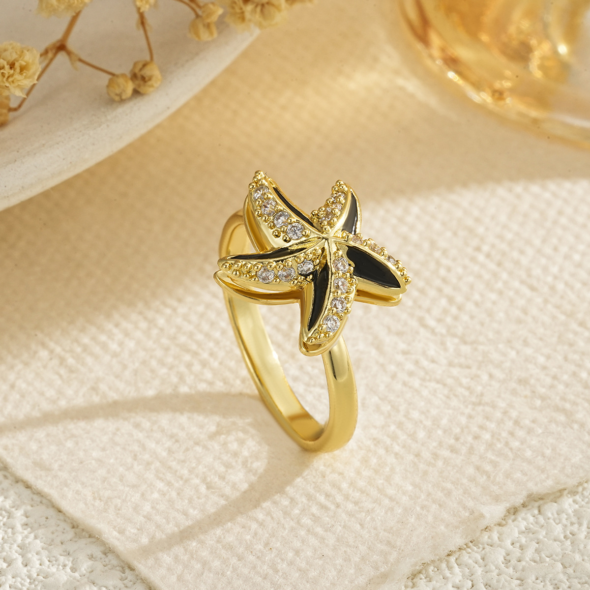 Rotating Stress-Relief Open Ring Jewelry Copper Set with Zircon Starfish Turtle Ladybug Heart Jewelry