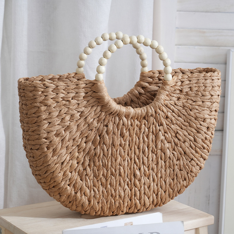 Handbag New Straw Bag Round Bead Handle Summer Woven Women's Bag Large Capacity Beach Handmade Vacation Bag