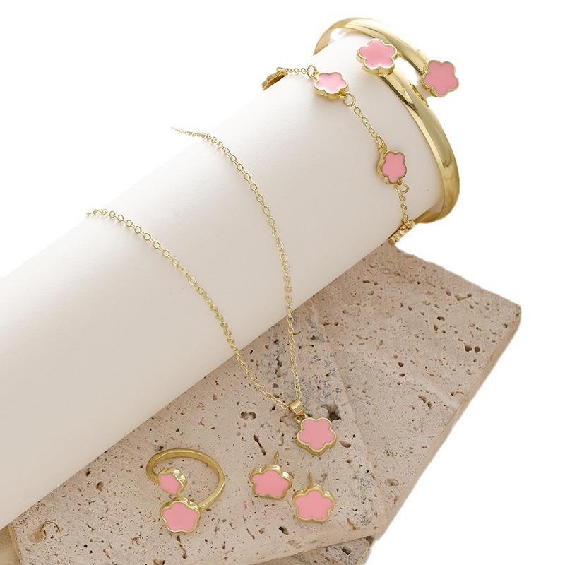 Clover Jewelry Set Wind Necklace Women Earrings Ring Bracelet Bangle