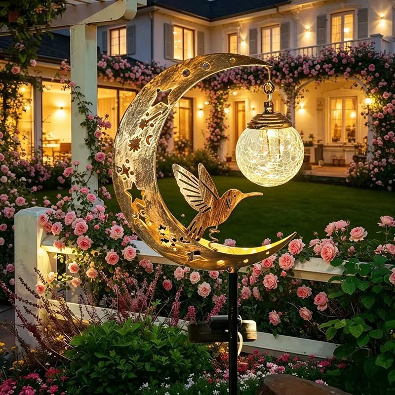 New Hummingbird Moon Solar Outdoor Courtyard Spotlight Iron Art Waterfall Light Garden Landscape Light