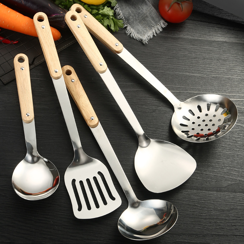 201 non-magnetic three-thick stainless steel soup spoon, solid wood handle spatula, stainless steel household stir-fry spatula, spoon kitchen set