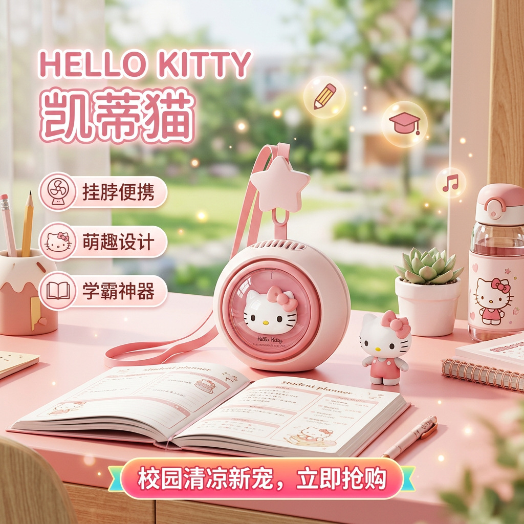 Sanrio Hello Kitty Neck Hanging Small Fan Sanrio Kuromi Children's Bladeless Quiet Long Battery Life Birthday