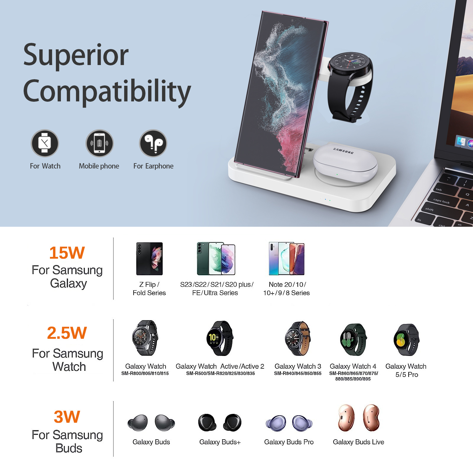 Selected New Product for Samsung Watch Phone Earphone Foldable 3-in-1 Charger Charging Foldable Multifunctional