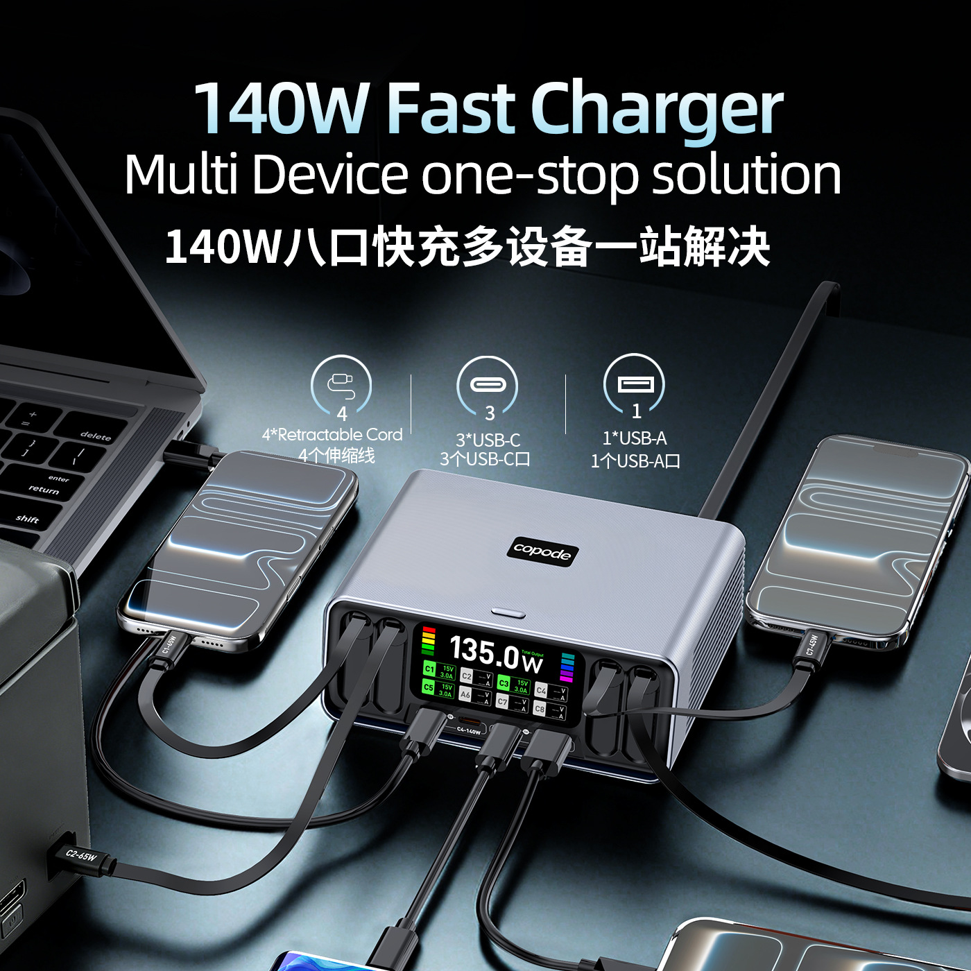 New Retractable Cable Charger Multi-Port Digital Display Charger for Tablets Phones and Laptops Multi-Port Charging Station