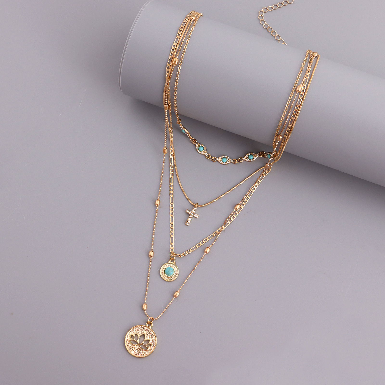 Accessories Multi-layer Small Hole Chain Hollow Flower Rhinestone Cross Pendant Necklace for Women